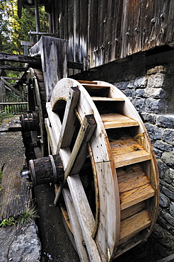 Old waterwheels of a corn mill, Glentleiten farming museum, Bavaria, Germany, Europe