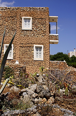 Cactus garden, main building, Lychnostatis Open Air Museum, Museum of the traditional Cretan life, Hersonissos, Crete, Greece, Europe