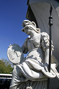 Statue of the Greek goddess Pallas Athena, bearing the emblem of Budapest on her plate, 1785, Carlo Adami, Castle District, Budapest, Hungary, Europe