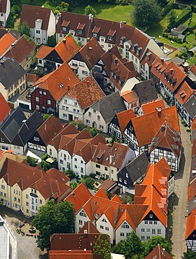 Aerial view, half-timbered houses, old town center, Luenen, North Rhine-Westphalia, Germany, Europe