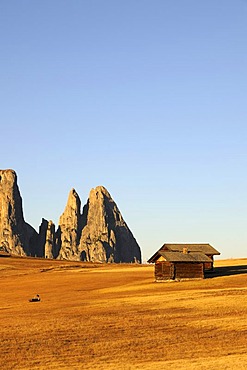 Cabins on the Seiser Alm mountain pasture with Mt. Schlern, Dolomites, South Tyrol, Italy, Europe