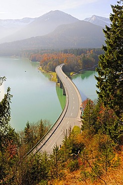 Sylvenstein-Bruecke bridge, Sylvensteinstausee reservoir, autumn, Isar, Upper Bavaria, Germany, Europe