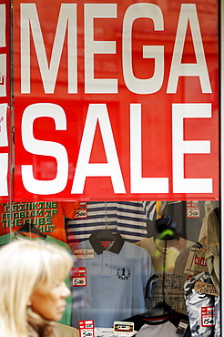 Mega sale, sign in a High Street shop window, Oxford, England, United Kingdom, Europe