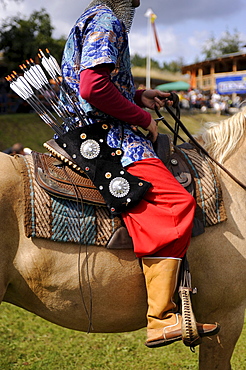 Turkish participant in classic costume on a horse, open Eocha European championship 09, mounted archery, with steppe riders from all over the world, Trossenfurt, Franconia, Bavaria, Germany, Europe