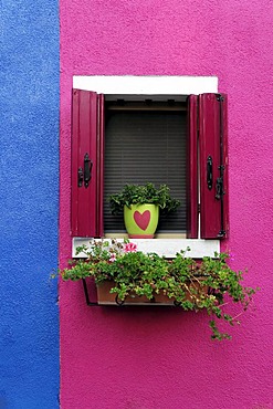 Coloured house facade with a beautifully decorated window, Burano, Venice, Veneto, Italy, Europe