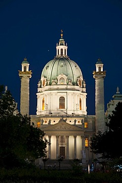 Karlskirche church at night, Vienna, Austria, Europe