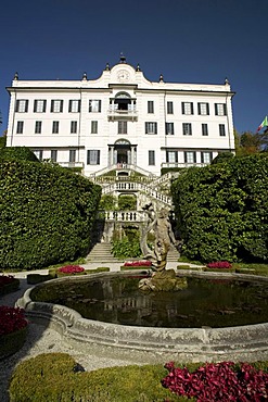 Villa Carlotta with garden and fountain in the front facing the Lake Como, Tremezzo, Italy, Europe