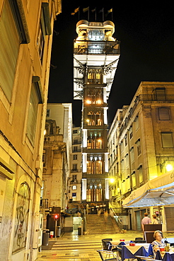 Elevator at night, Elevador de Santa Justa or Elevador do Carmo, connecting the districts of Baixa and Chiado, Lisbon, Portugal, Europe