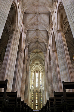 Interior of the Gothic basilica of the Dominican monastery Mosteiro de Santa Maria da Vitoria, UNESCO World Heritage Site, Batalha, Portugal, Europe