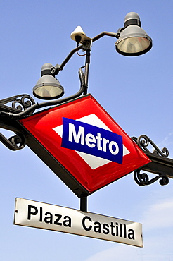 Metro sign, subway, Plaza Castilla, Madrid, Spain, Iberian Peninsula, Europe