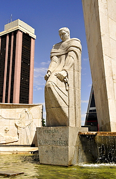 Monument to Jose Calvo Sotelo in front of Kio Towers, Torres Kio or Puerta de Europa, Plaza Castilla, Madrid, Spain, Iberian Peninsula, Europe