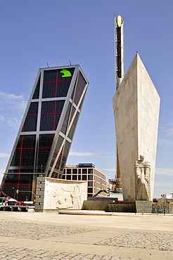 Monument to Jose Calvo Sotelo in front of one of the Kio Towers, Torres Kio or Puerta de Europa, Plaza Castilla, Madrid, Spain, Iberian Peninsula, Europe