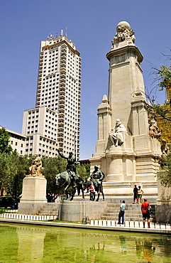 Monument to Miguel de Cervantes with Don Quixote and Sancho Panza at the Plaza Espana, Madrid, Spain, Iberian Peninsula, Europe