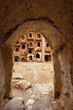 Entrance tunnel to the interior of the Berber granary Qasr al-Haj, Nafusa Mountains, Libya, Africa