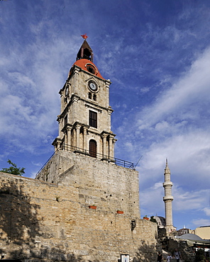 Clock tower and Suleyman Mosque, Rhodes Town, Rhodes, Greece, Europe