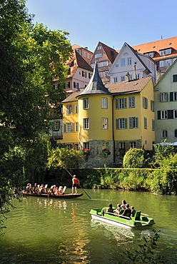 Pedal boat and punt on the Neckar river in front of the Hoelderlinturm tower, Neckarfront, Tuebingen, Baden-Wuerttemberg, Germany, Europe