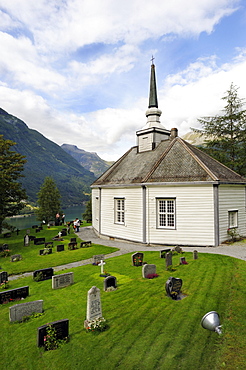 Geiranger church with cemetery, Geirangerfjord, Norway, Scandinavia, Northern Europe, Europe