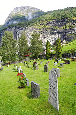 Geiranger church with cemetery, Geirangerfjord, Norway, Scandinavia, Northern Europe, Europe