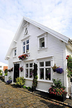 Traditional white wooden houses in Ovre Strandgate in the Old Stavanger district, Stavanger, Norway, Scandinavia, Northern Europe