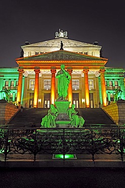 Schiller monument in front of the Konzerthaus concert hall on the Gendarmenmarkt square, illuminated for the Festival of Lights 2009, Berlin, Germany, Europe