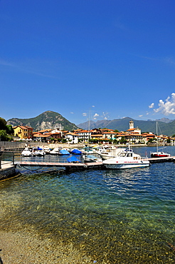 Townscape with port and beach, Feriolo, Lake Maggiore, Piedmont, Italy, Europe