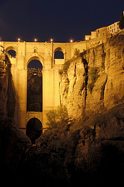 Puente Nuevo, new bridge, over Tajo gorge at night, Ronda, Malaga province, Andalusia, Spain, Europe