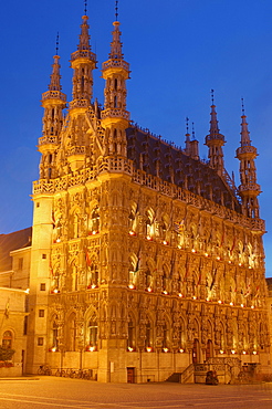 Stadhuis, town hall, and Grote Markt, main square, at dusk, Leuven, Louvain, Brabant, Flanders, Belgium, Europe