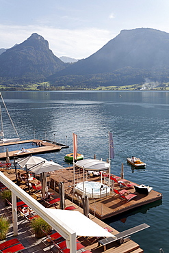 Bathing and wellness platform in the Wolfgangsee lake, famous hotel Im Weissen Roessl, St. Wolfgang, Salzkammergut region, Upper Austria, Austria, Europe