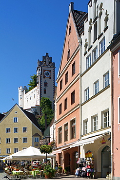 Pedestrian zone and High Castle, Fuessen, Allgaeu, Bavaria, Germany, Europe