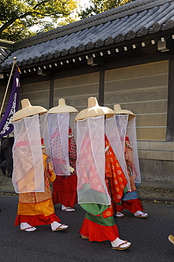 Women wearing historical clothing from the Heian period, procession through a residential area, Kyoto, Japan, Asia