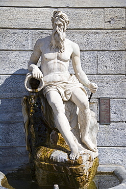 Statue of Buthier on the portico of Hotel de Ville, town hall, Piazza Emile Chanoux, Aosta, Aosta Valley, Valle d'Aosta, Italy, Europe