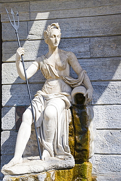 Statue of Dora Baltea on the portico of Hotel de Ville, town hall, Piazza Emile Chanoux, Aosta, Aosta Valley, Valle d'Aosta, Italy, Europe