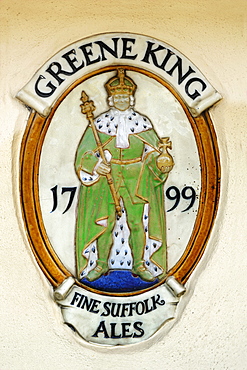 Porcelain relief, Greene King on the wall of the pub, Rectory Road, Bluntisham, Cambridgeshire, England, United Kingdom, Europe