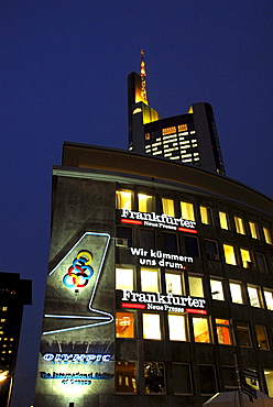 Neon neon sign on Friedensstrasse street, in the back the Commerzbank Tower, Frankfurt am Main, Hesse, Germany, Europe