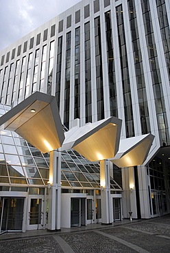 Illuminated entrance, Poseidon Haus building at the Hamburger Allee avenue, Frankfurt am Main, Hesse, Germany, Europe