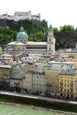 View from the Kapuzinerberg mountain on the historic centre with its cathedral and Festung Hohensalzburg fortress, Salzburg, Salzburger Land state, Austria, Europe