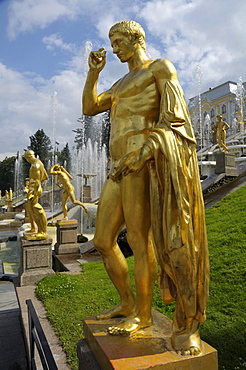 Golden statues at the Great Cascade in front of the Palace, Peterhof, Petrodvorez, Saint Petersburg, Russia, Europe