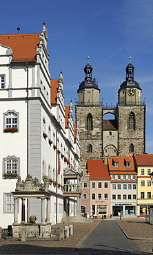 Market square with town hall and city church, Luther city Wittenberg, Saxony-Anhalt, Germany, Europe