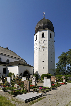 Frauenwoerth Munster with bell tower and cemetery, Fraueninsel, Lady's Island, Lake Chiemsee, Bavaria, Germany, Europe