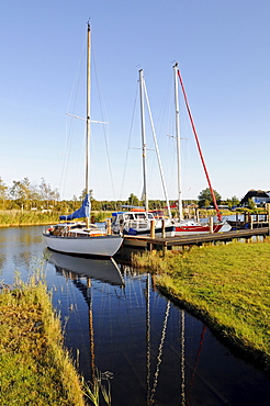 Yachts, sailboats on the landing stage in Moritzdorf, Ruegen Island, Mecklenburg-Western Pomerania, Germany, Europe