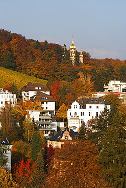 Greek-Russian Orthodox chapel on the Neroberg mountain in Wiesbaden in autumn, Hesse, Germany, Europe