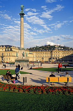 Palace Square with Jubilee Column, people, Neues Schloss palace, Stuttgart, Baden-Wuerttemberg, Germany, Europe