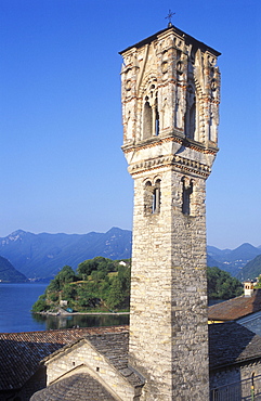 Spire of the church of Santa Maria Maddalena in Ossuccio, belfry, Lake Como, Italian Lakes, Lombardy, Italy, Europe