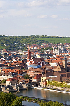 View from Marienburg Fortress over Wuerzburg, Main River, Old Main Bridge, panorama, Wuerzburg, Franconia, Bavaria, Germany, Europe