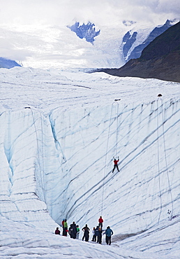 An ice climbing class on the Root Glacier in Wrangell-St. Elias National Park, Kennicott, Alaska, USA