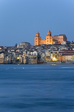 Old town, sea, blue hour, twilight, Cefalo, Palermo province, Sicily, Italy, Europe