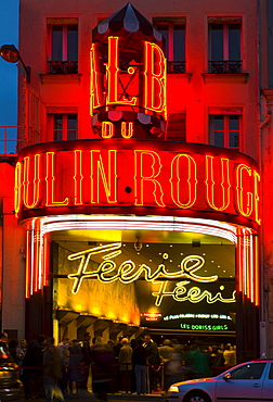 Moulin Rouge, illuminated at night, Paris, France, Europe