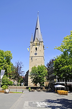 St Vincenz church, steeple, marketplace, Menden, Maerkischer Kreis district, Sauerland area, North Rhine-Westphalia, Germany, Europe