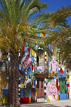 House painted by artist Alexandre Sequeira, in Faro, Algarve, Portugal, Europe