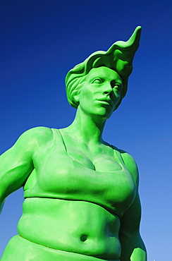 Tilted sculptures, detail of the work "Reisende Riesen im Wind", "Travelling giants in the wind", by the artist Martin Wolke in front of the station of Westerland on Sylt island, Schleswig Holstein, Germany, Europe